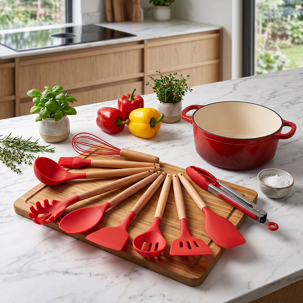 Kit Chef Elegance 12 Peças - Utensílios em Silicone e Bambu