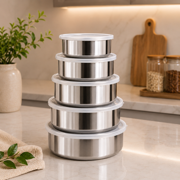 Kit 5 Potes Premium em Inox com Tampa - Organização e Conservação Inteligente
