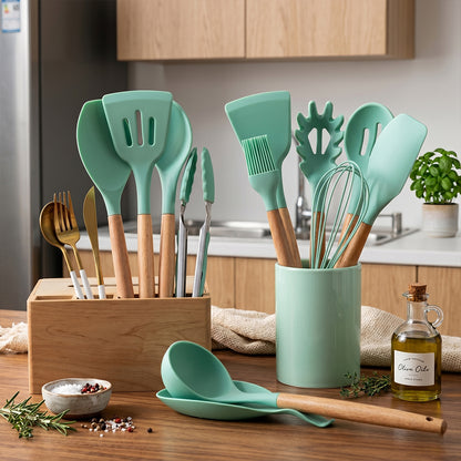 Kit Chef Elegance 12 Peças - Utensílios em Silicone e Bambu