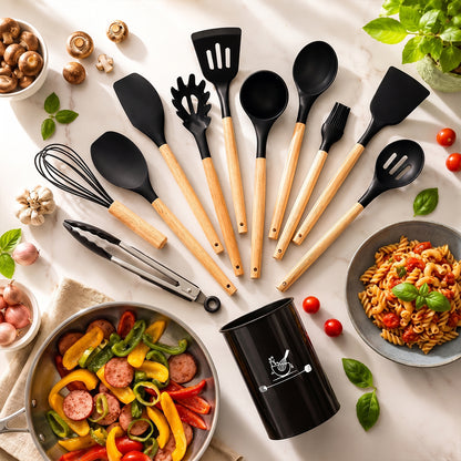 Kit Chef Elegance 12 Peças - Utensílios em Silicone e Bambu