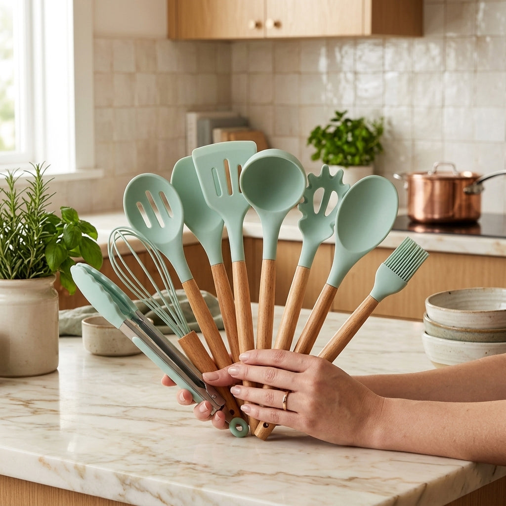 Kit Chef Elegance 12 Peças - Utensílios em Silicone e Bambu