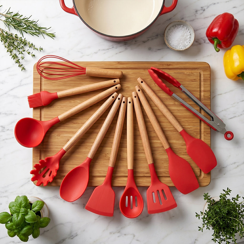 Kit Chef Elegance 12 Peças - Utensílios em Silicone e Bambu