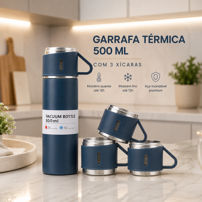 Kit Térmico Premium Inox 500ml - Garrafa a Vácuo + 3 Xícaras