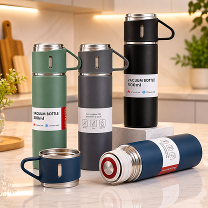 Kit Térmico Premium Inox 500ml - Garrafa a Vácuo + 3 Xícaras