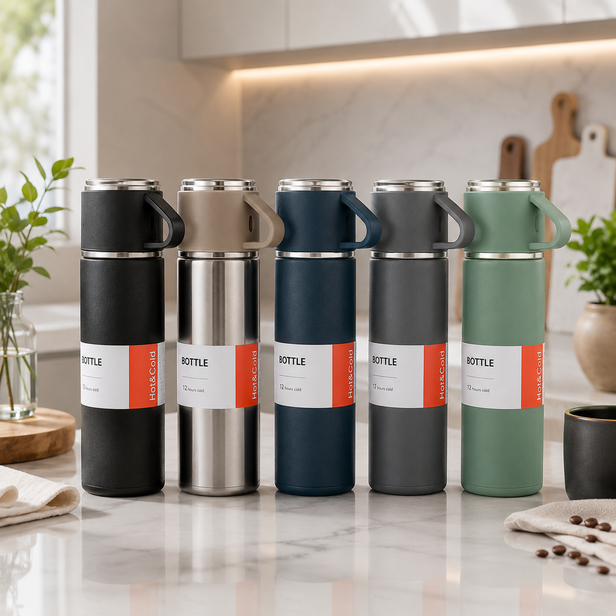 Kit Térmico Premium Inox 500ml - Garrafa a Vácuo + 3 Xícaras