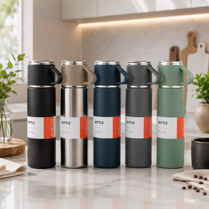 Kit Térmico Premium Inox 500ml - Garrafa a Vácuo + 3 Xícaras