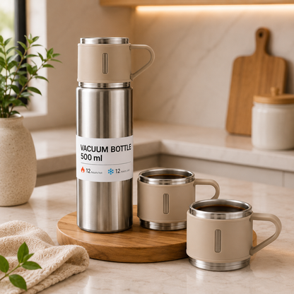 Kit Térmico Premium Inox 500ml - Garrafa a Vácuo + 3 Xícaras