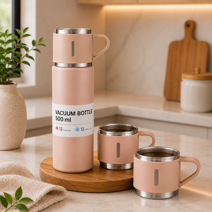 Kit Térmico Premium Inox 500ml - Garrafa a Vácuo + 3 Xícaras