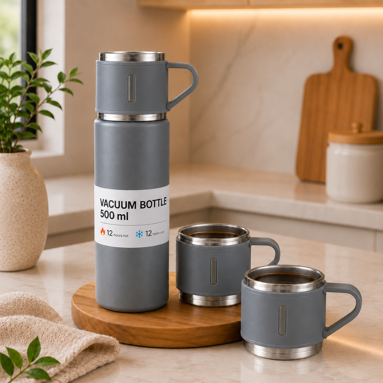 Kit Térmico Premium Inox 500ml - Garrafa a Vácuo + 3 Xícaras