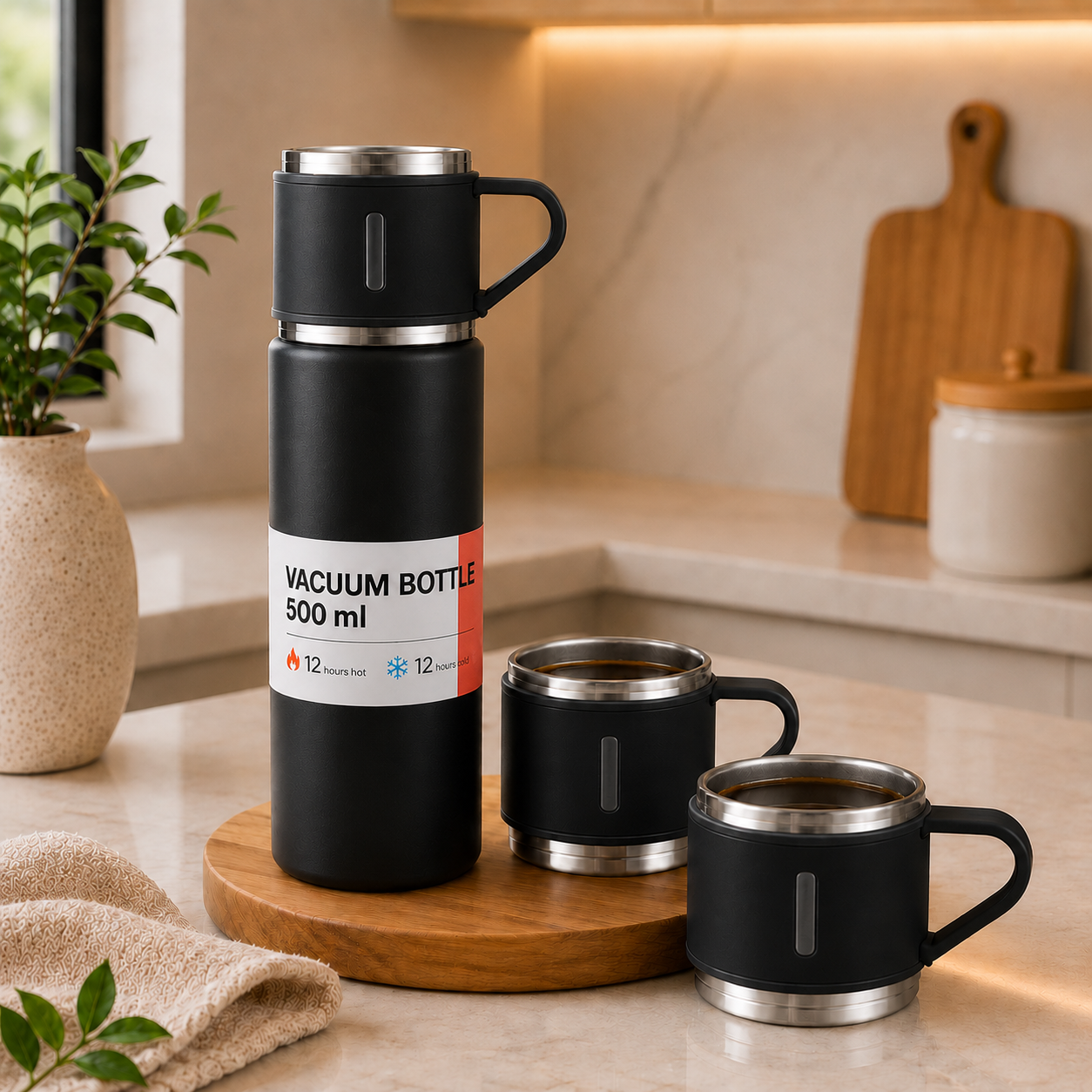 Kit Térmico Premium Inox 500ml - Garrafa a Vácuo + 3 Xícaras