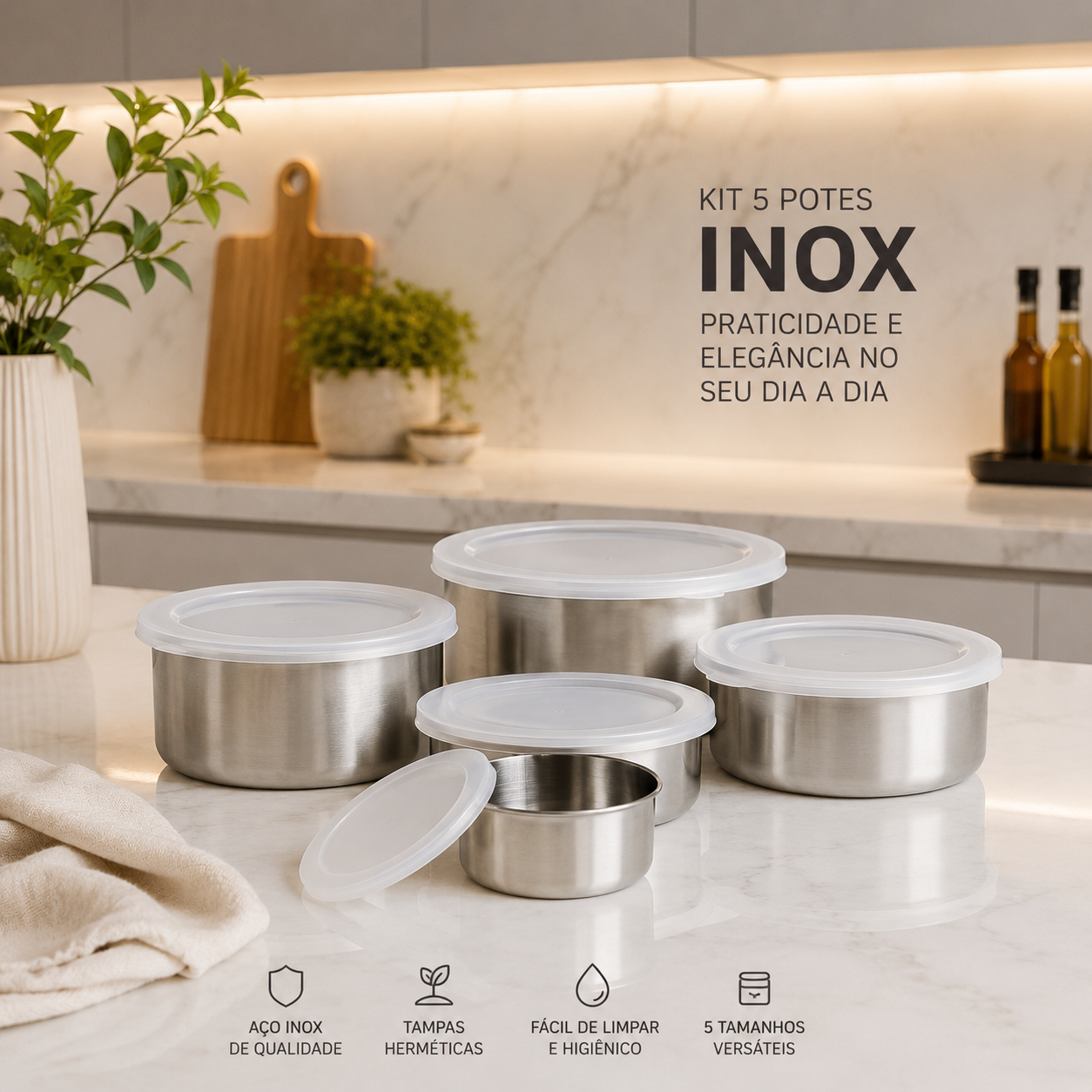 Kit 5 Potes Premium em Inox com Tampa - Organização e Conservação Inteligente