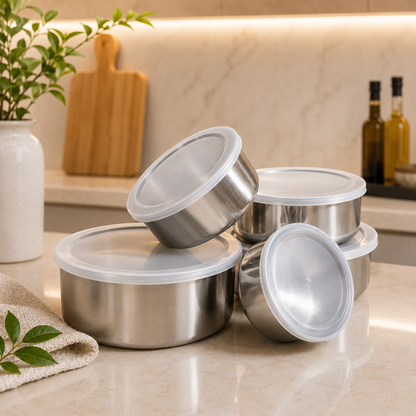 Kit 5 Potes Premium em Inox com Tampa - Organização e Conservação Inteligente