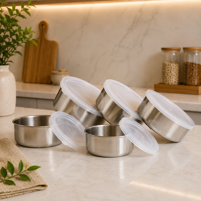 Kit 5 Potes Premium em Inox com Tampa - Organização e Conservação Inteligente