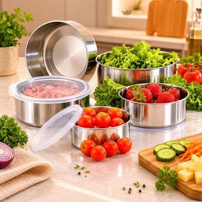 Kit 5 Potes Premium em Inox com Tampa - Organização e Conservação Inteligente