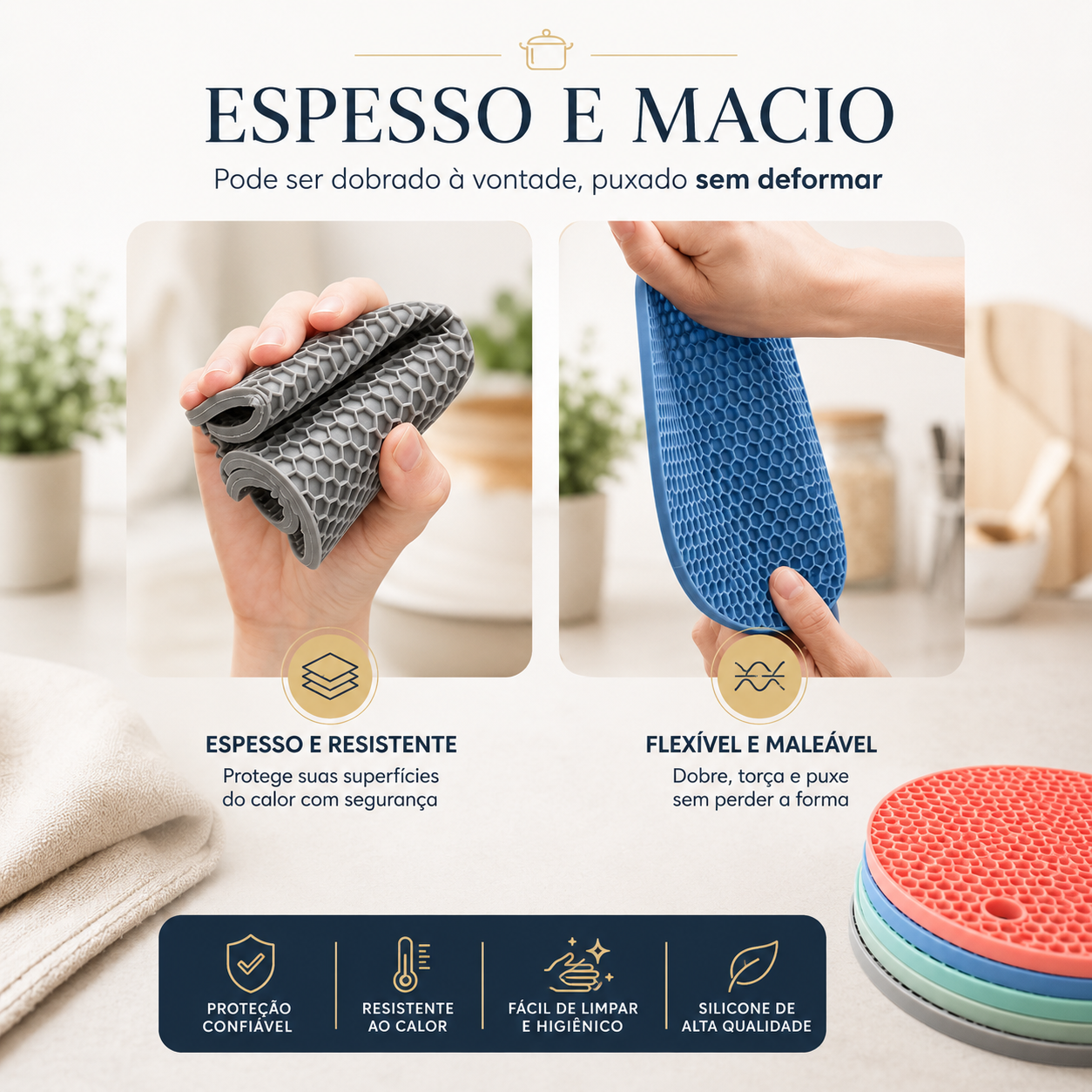 Descanso Térmico para Bancadas - Kit 4 Unidades de Silicone Premium