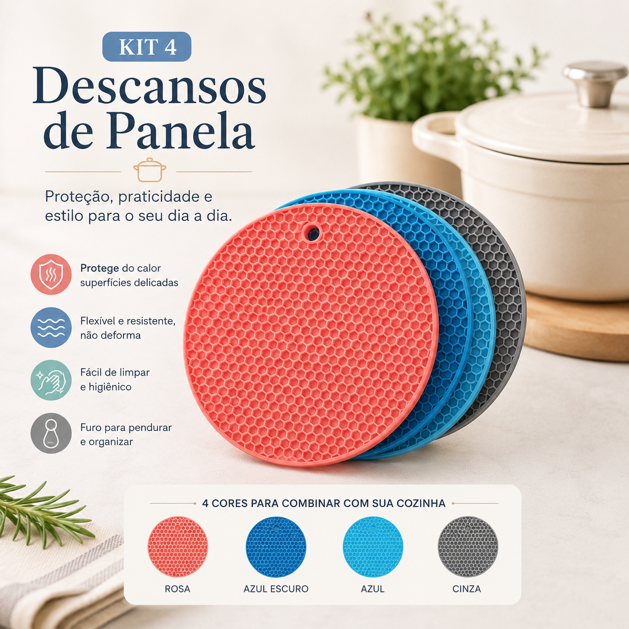 Descanso Térmico para Bancadas - Kit 4 Unidades de Silicone Premium