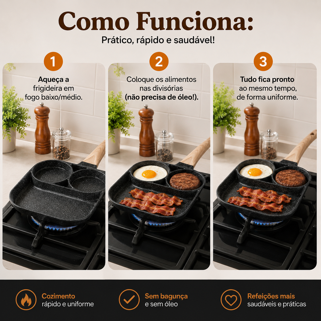 Multi-Frigideira Premium 3 em 1 | Antiaderente Máx.