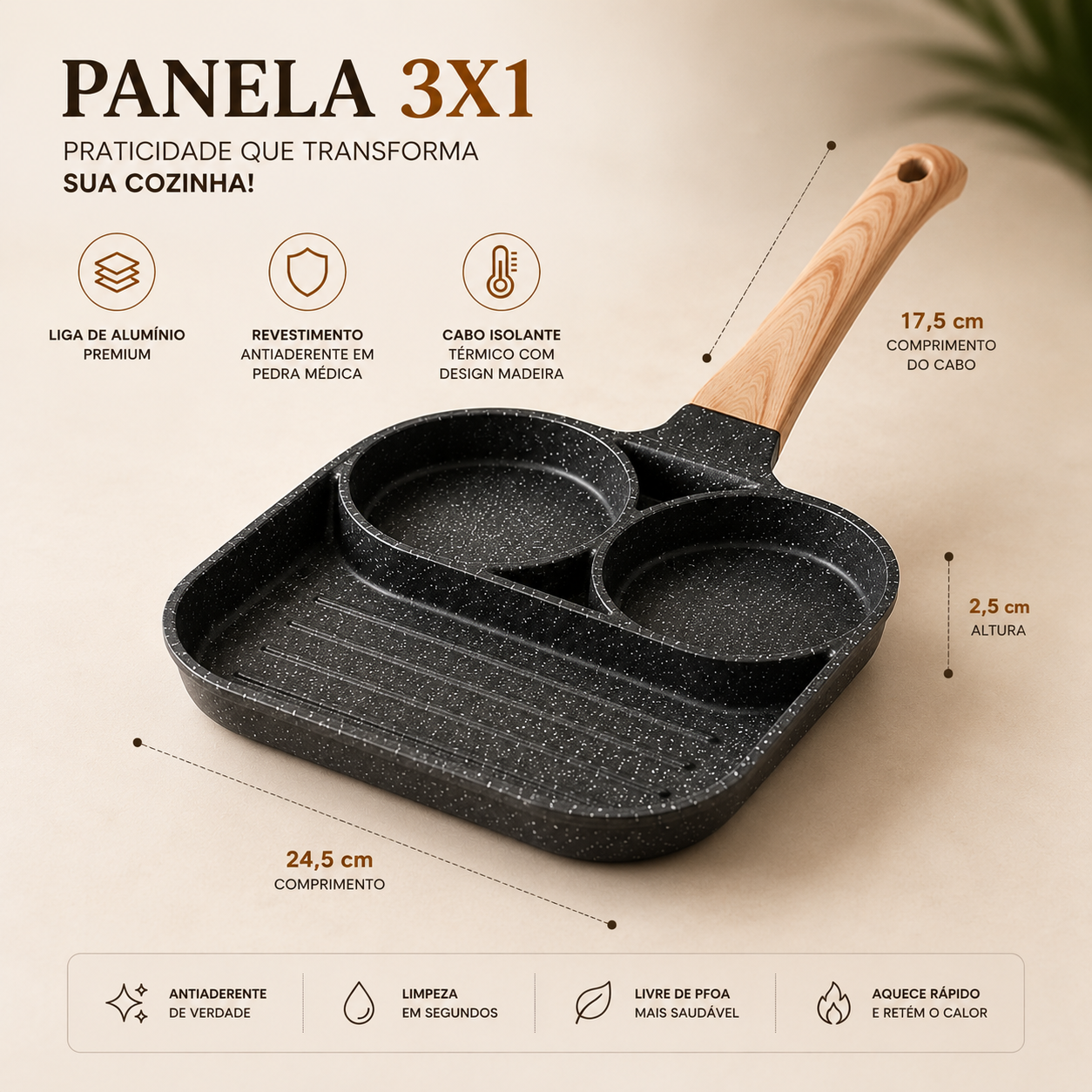 Multi-Frigideira Premium 3 em 1 | Antiaderente Máx.