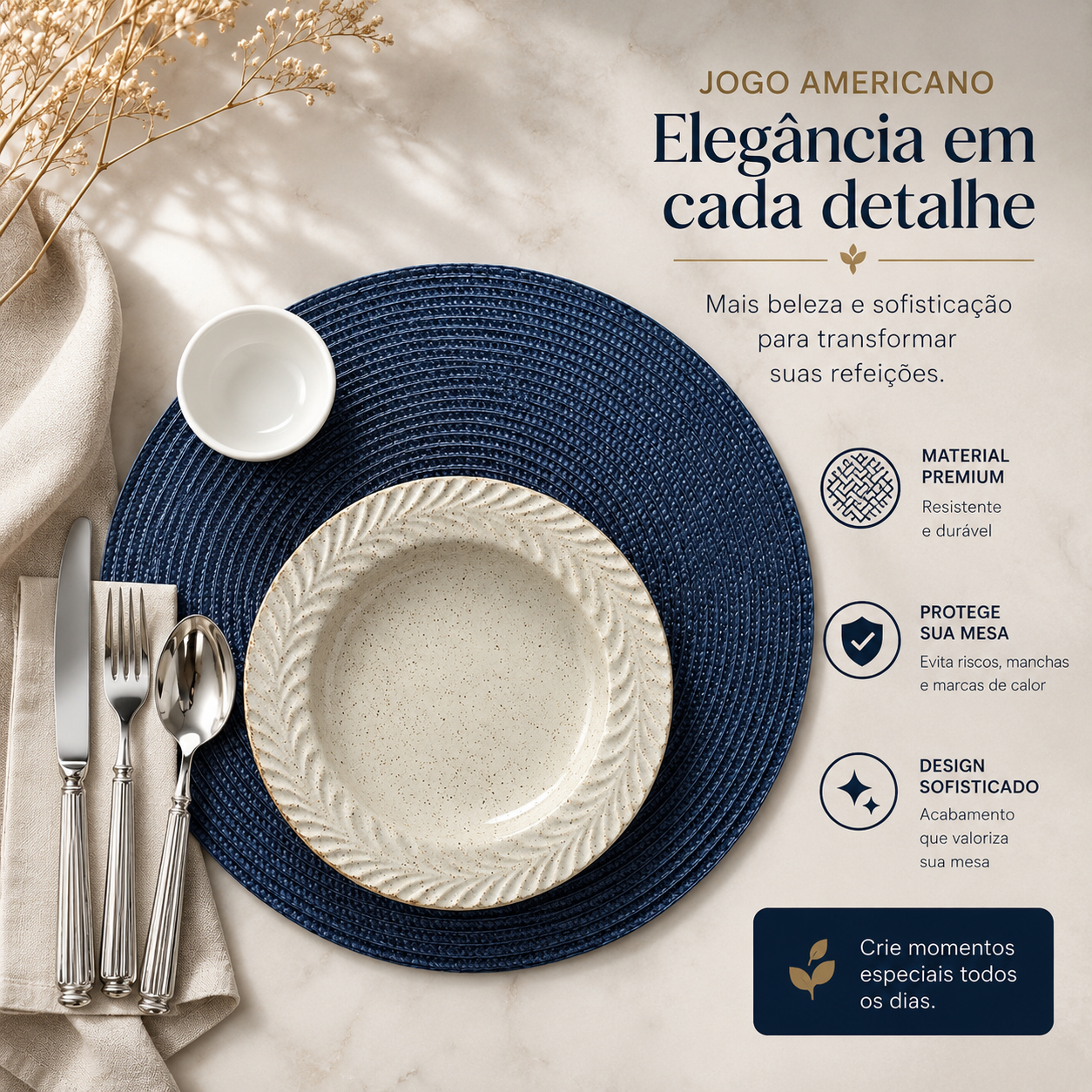 Kit 4 Jogos Americanos Navy Elegance - Trama Lavável e Antiderrapante