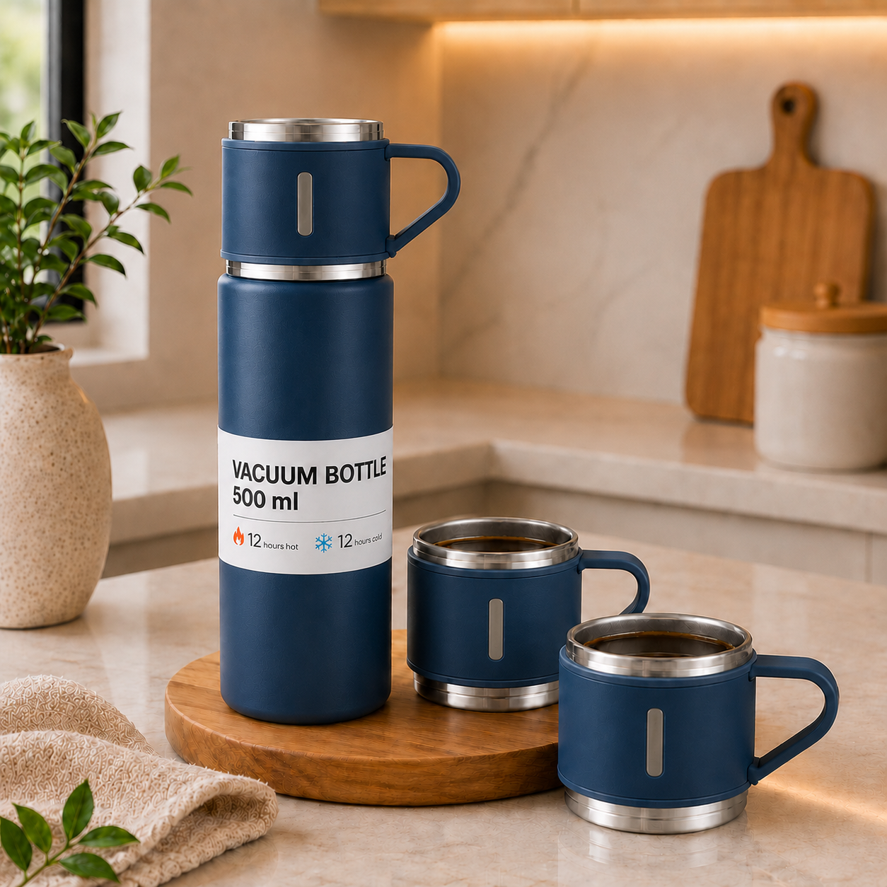 Kit Térmico Premium Inox 500ml - Garrafa a Vácuo + 3 Xícaras